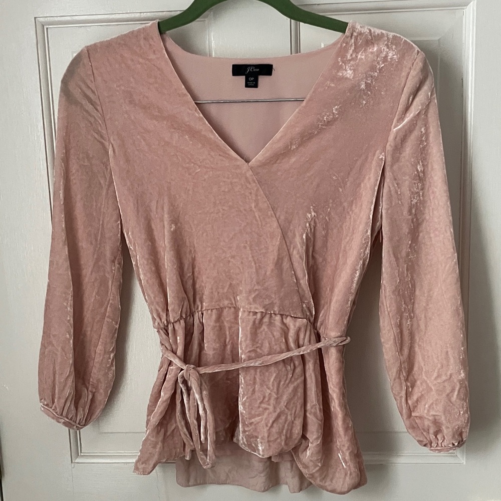 J Crew Blush Crushed Velvet Faux Wrap Top with waist tie 0 Petite